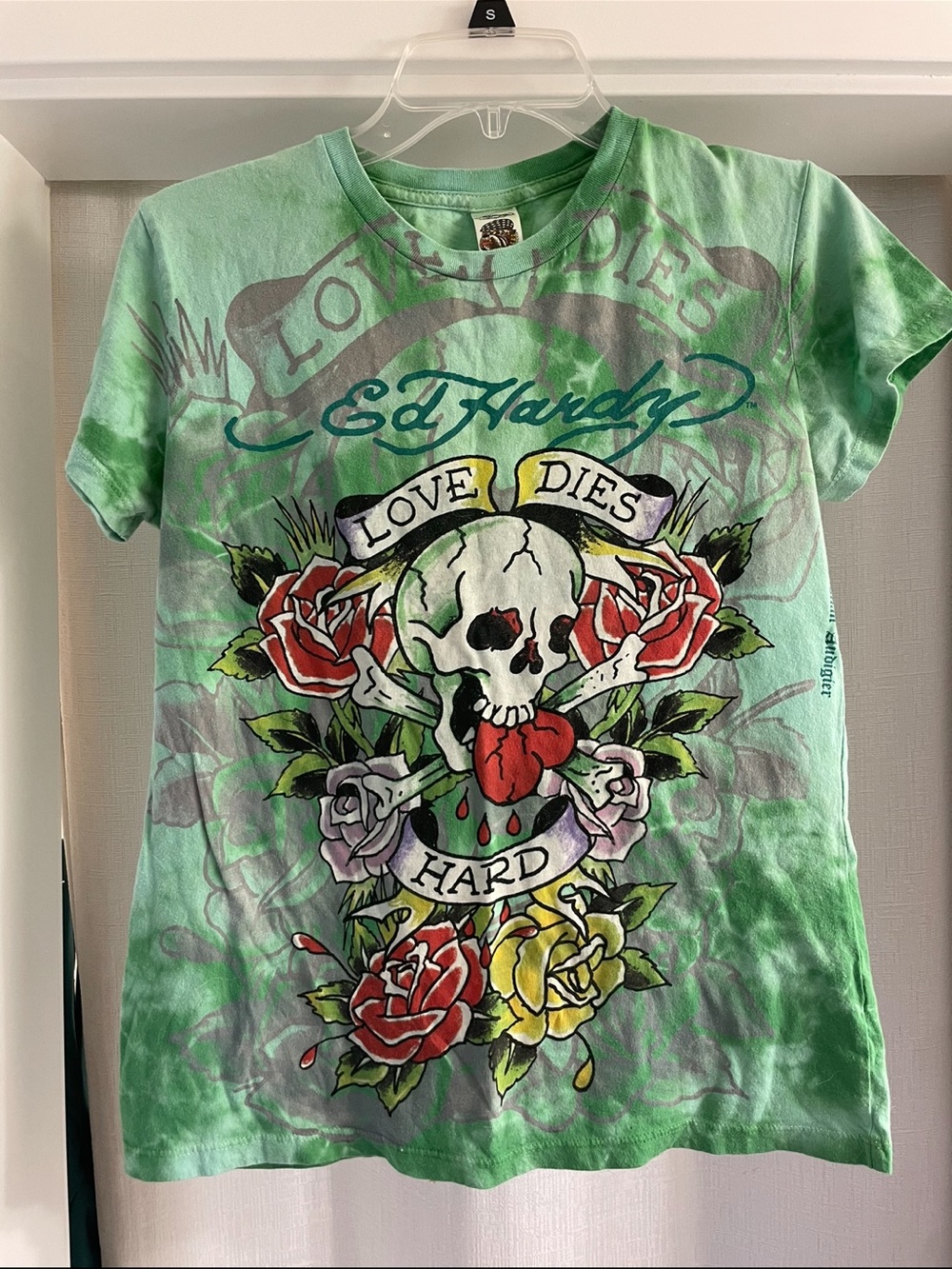 Ed Hardy Mint Green Graphic Tee - Love Dies Hard Skull Design